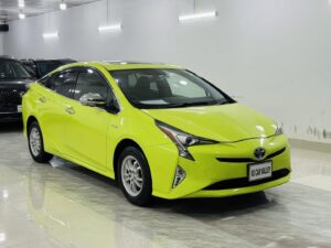 Used Car For Sale in Dhaka: lime green Toyota Prius displayed at KS Car Valley showroom