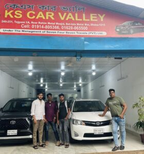 best used car in Dhaka at KS Car Valley with customers beside Toyota SUV and Corolla